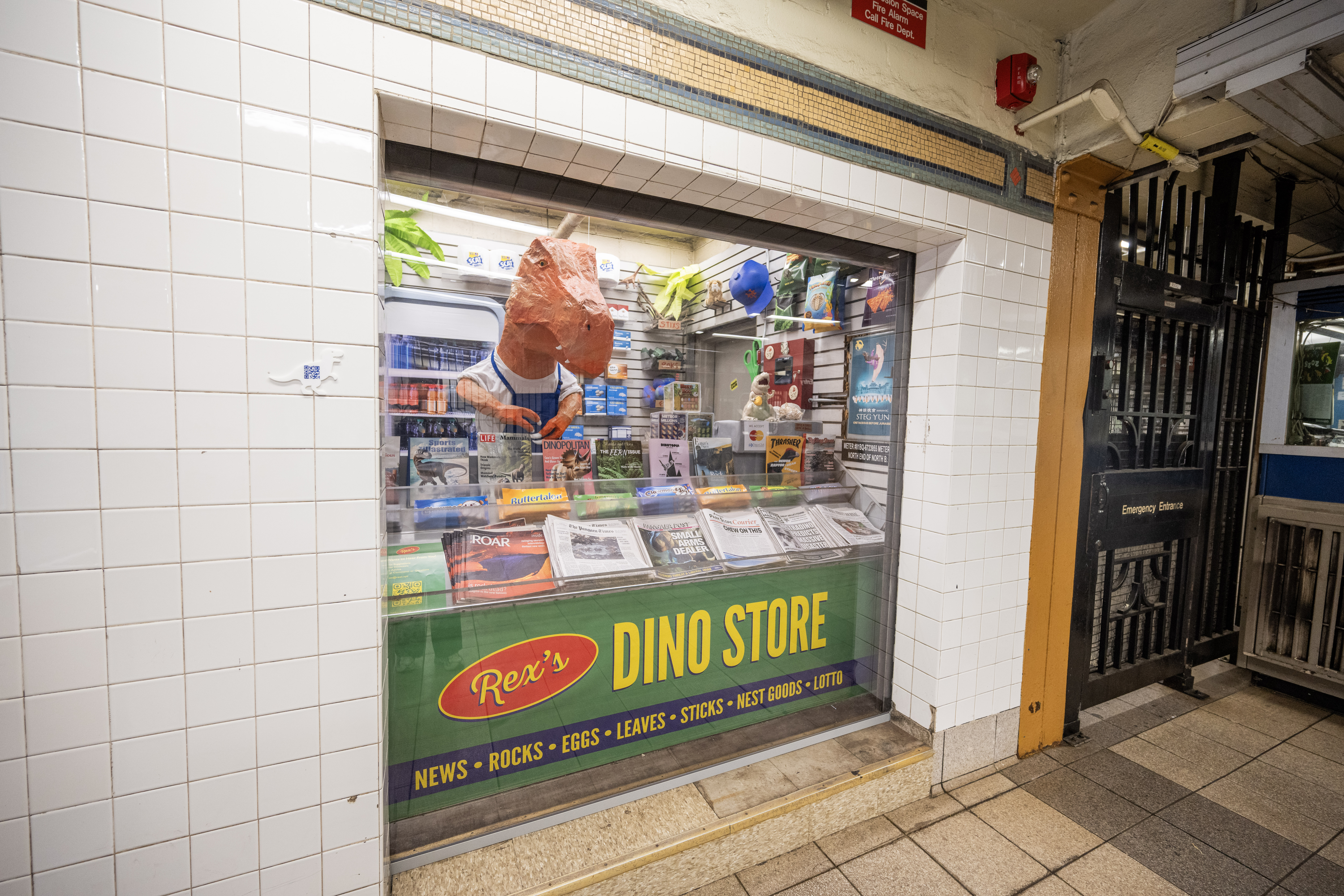 Dinosaur bodega installation at Grand Army Plaza